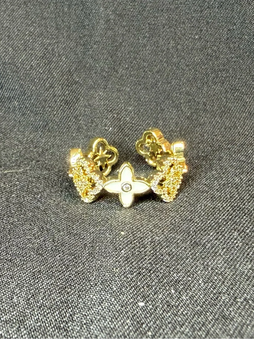Gold Tone White Enamel Quatrefoil Clover Open Adjustable Pavé Crystal Ring